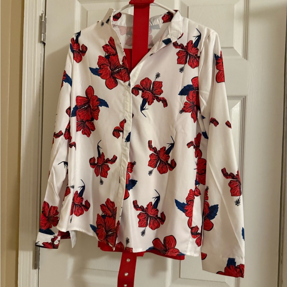 Floral Button-Up Shirt and red pants